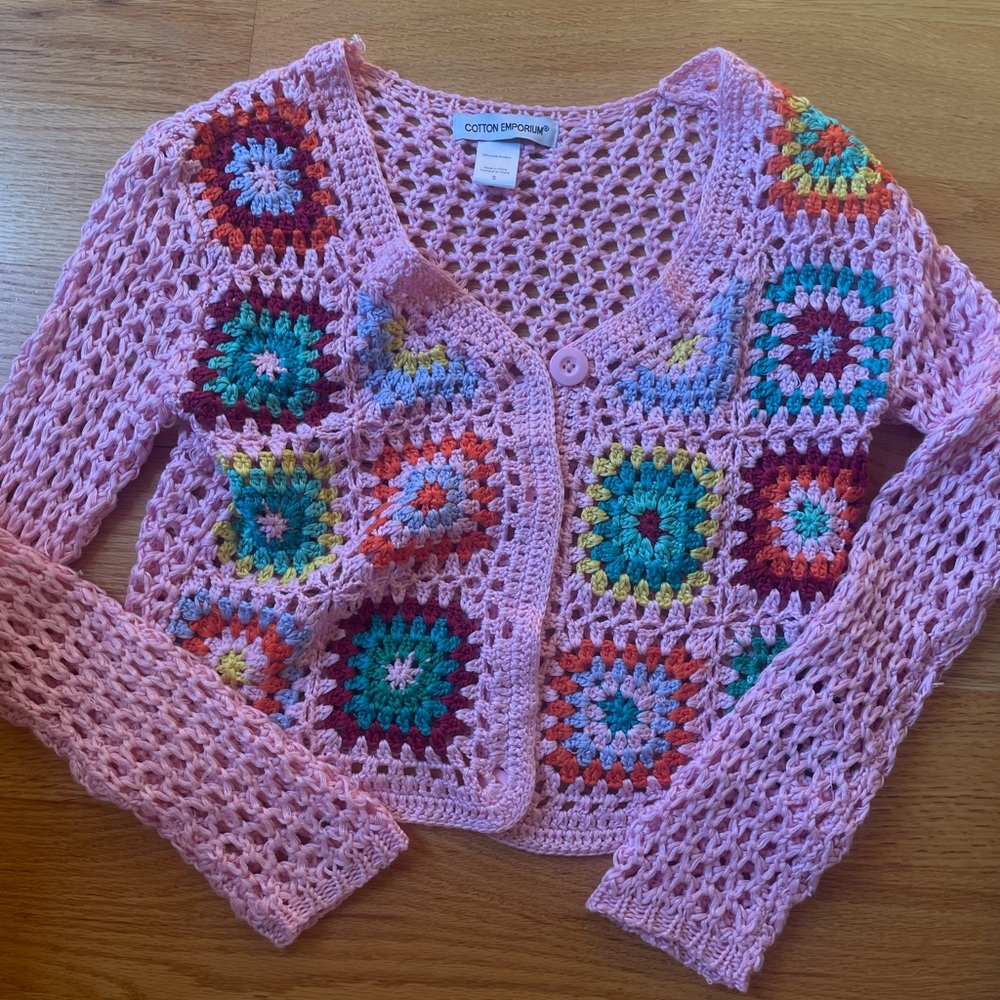 Cotton Emporium Oversized Crochet Pink Granny Square Cardigan Sweater